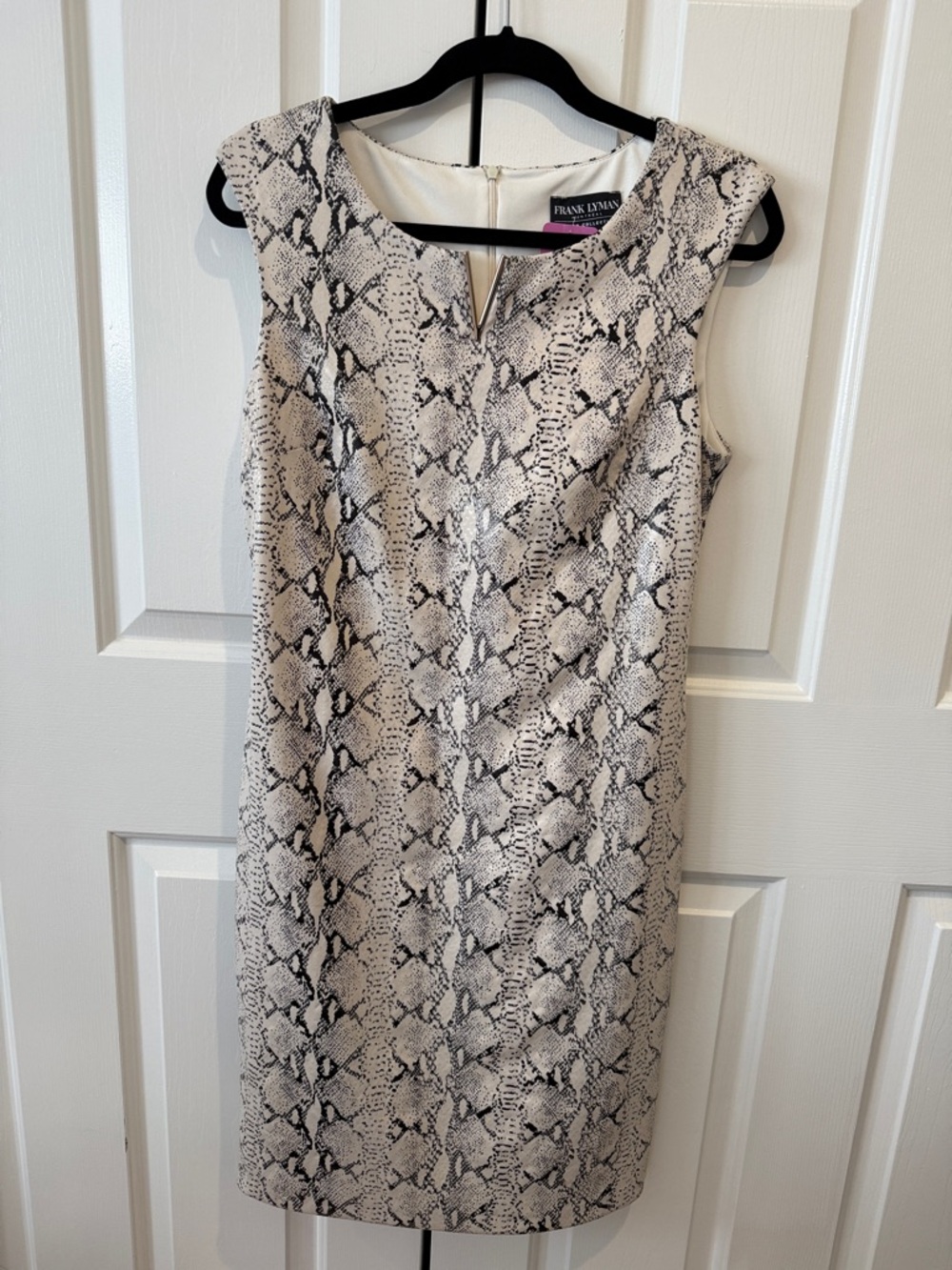 Frank Lyman Design Taupe and Black Snake-Print Midi Sheath Dress